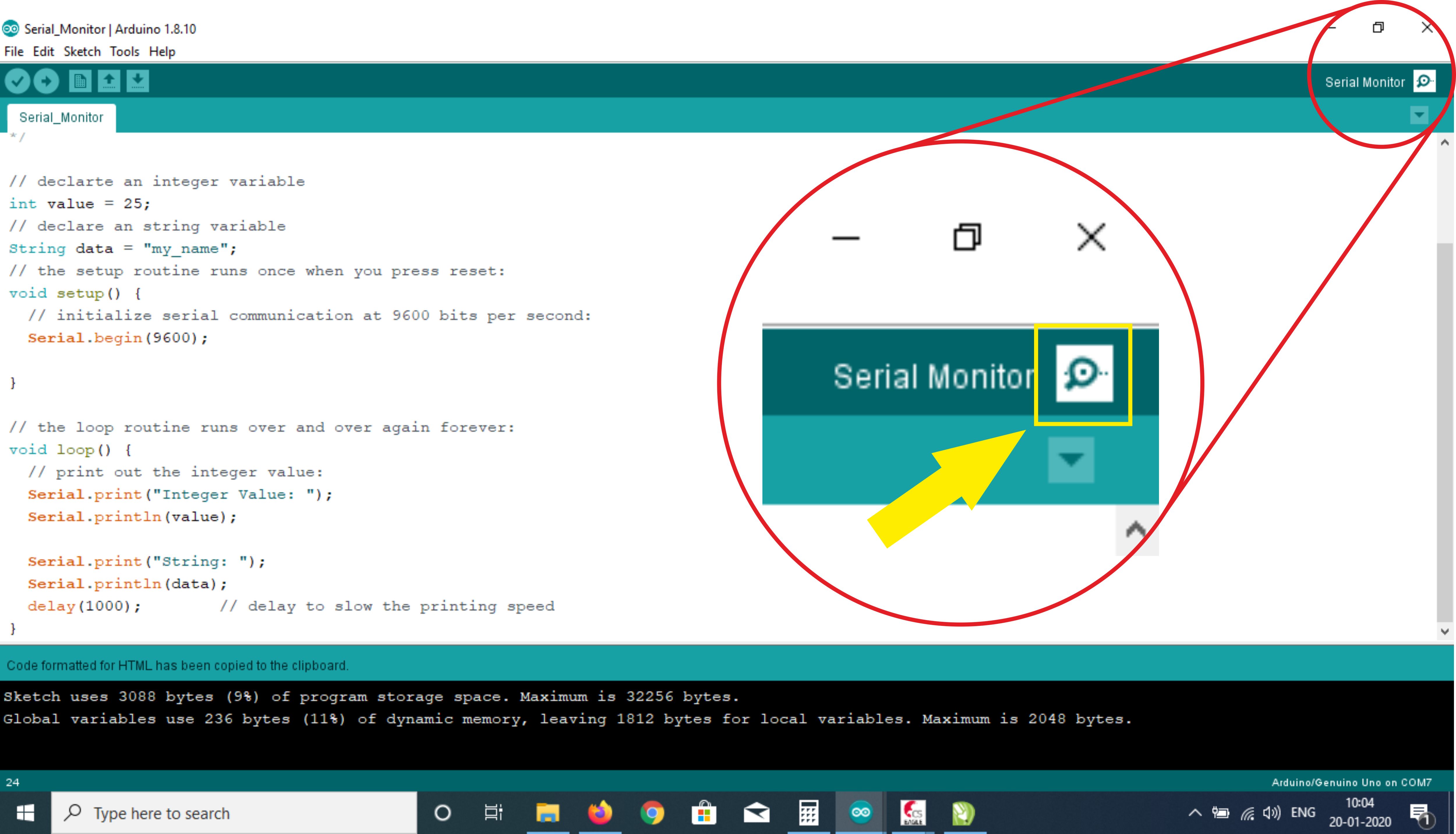 Screenshot of the Arduino serial monitor