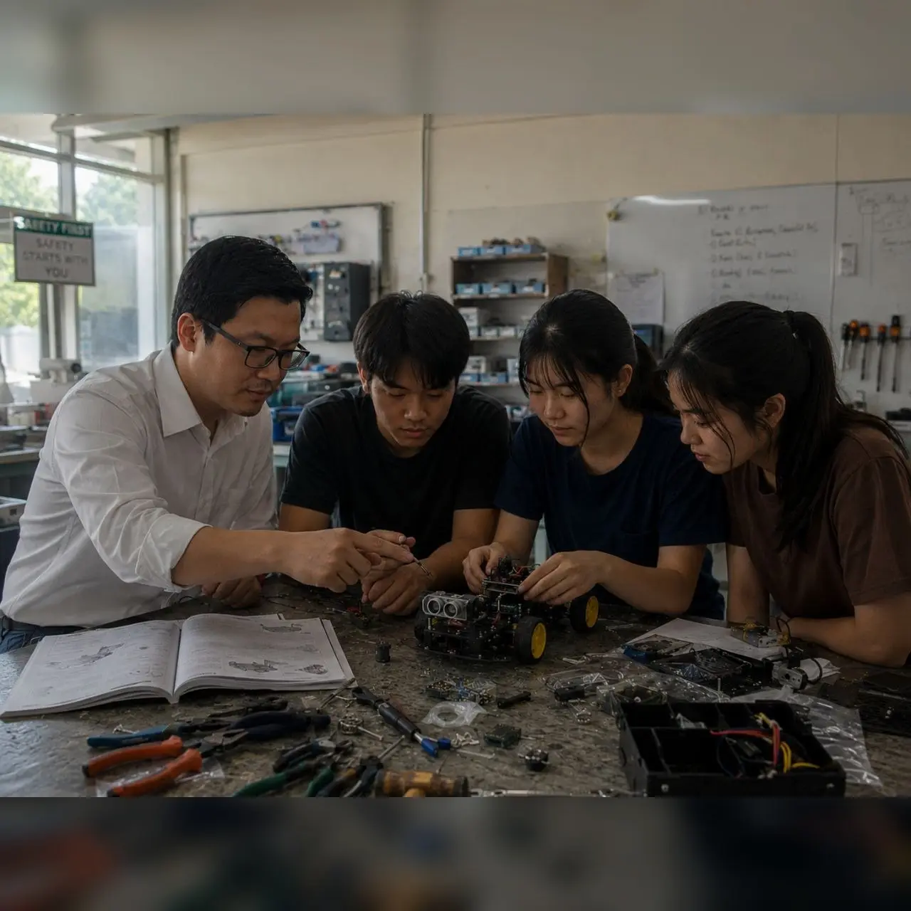 ทีมงานกำลังประกอบและทดสอบรถหุ่นยนต์ Arduino
