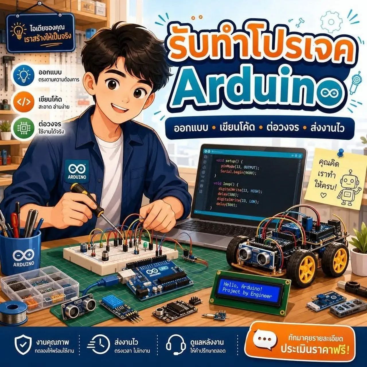 แบนเนอร์บริการรับทำโปรเจค Arduino ออกแบบ เขียนโค้ด ต่อวงจร ส่งงานไว